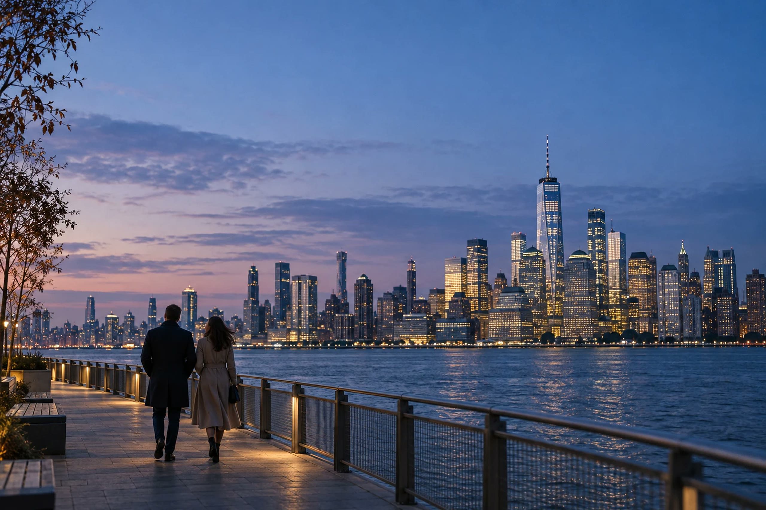 Two people walking toward the Manhattan skyline at dusk