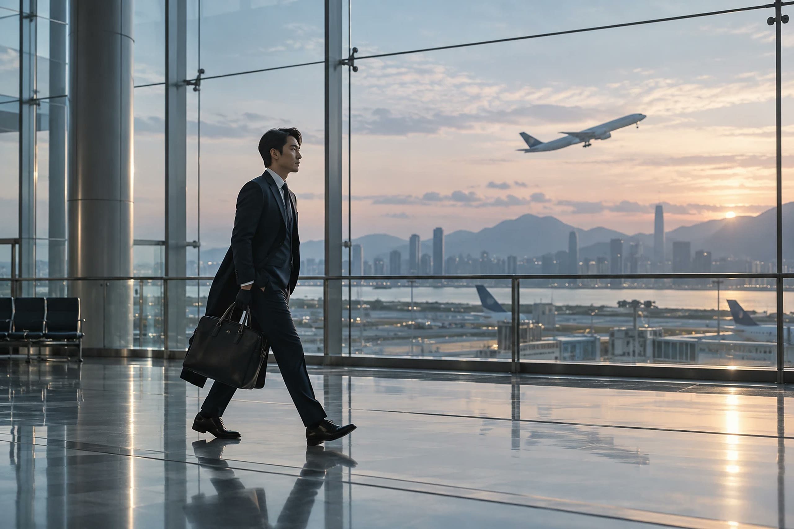 A business traveller walking through an airport terminal