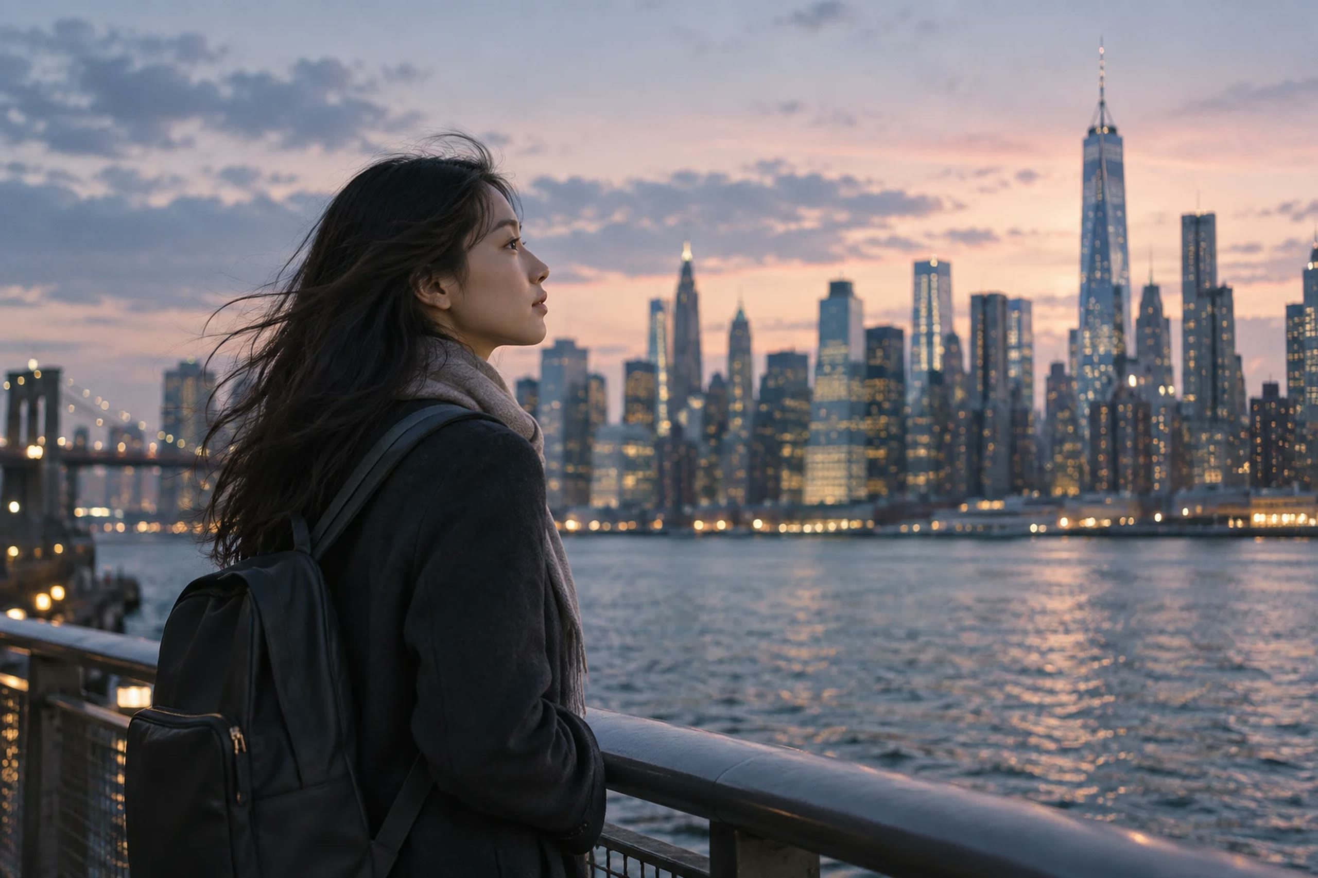 A student looking across the river at the Manhattan skyline