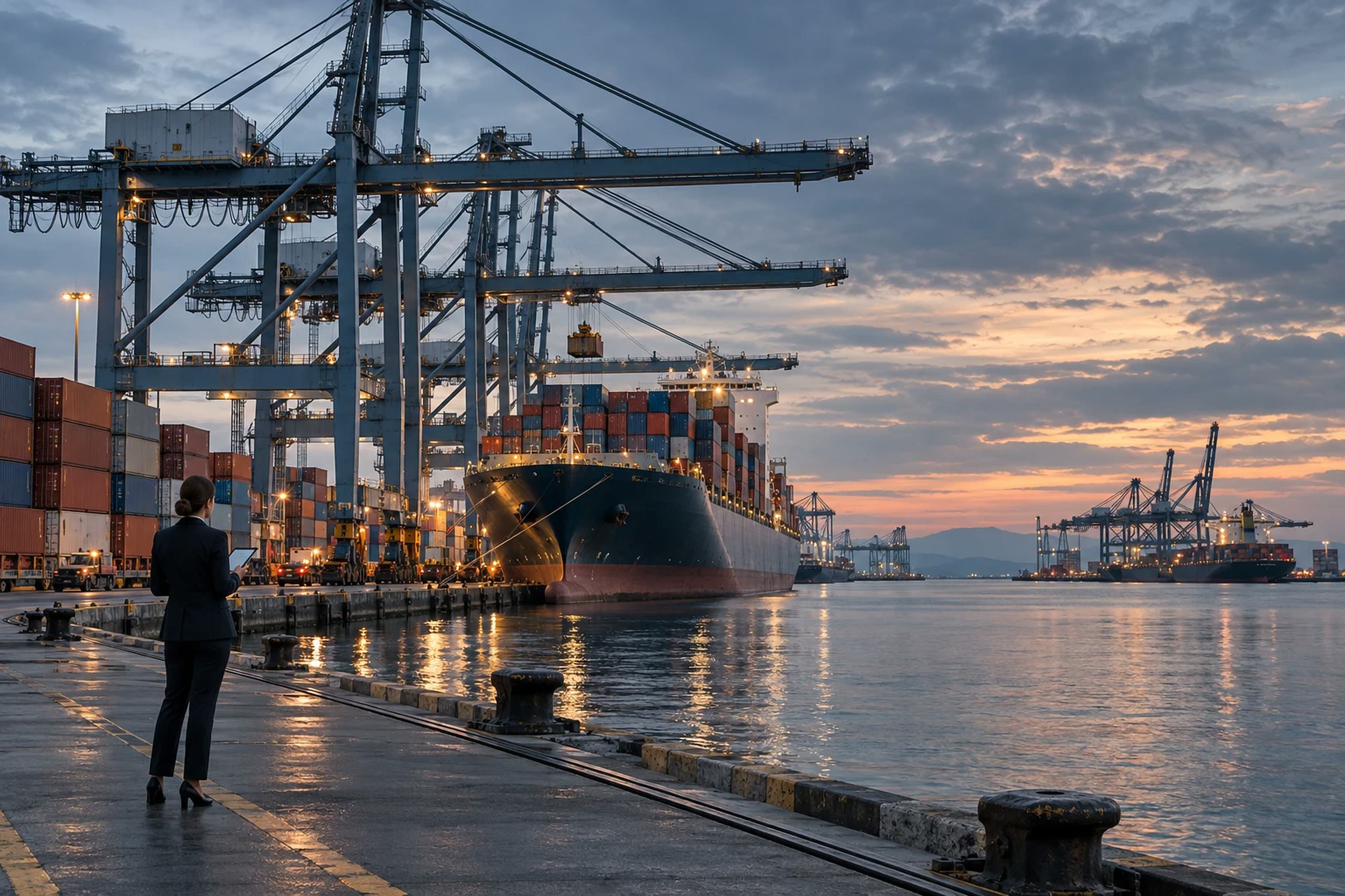 A container port at golden hour